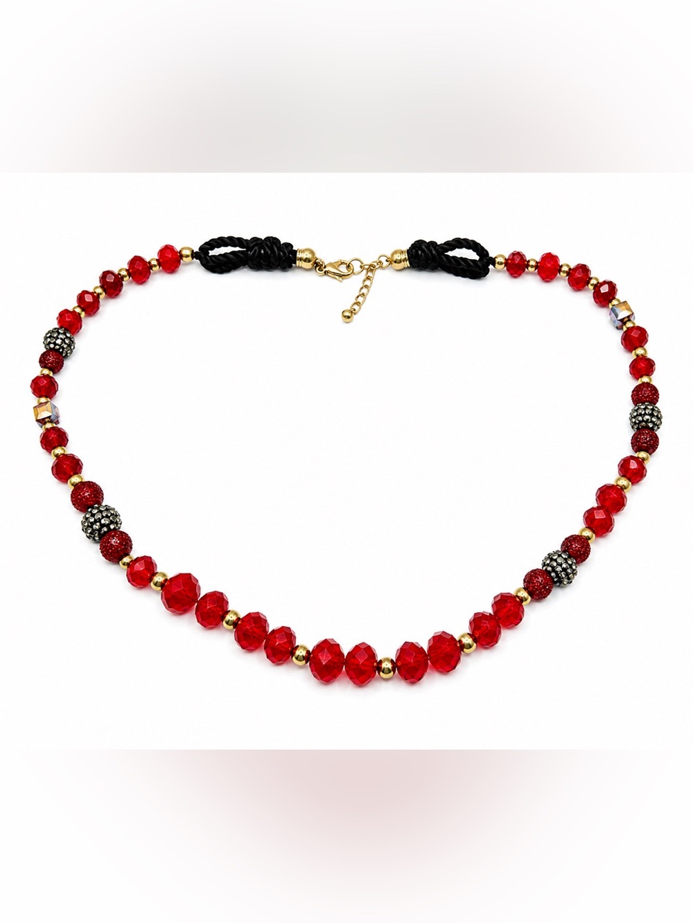 Red Beaded Necklace with Black Cord and Gold Accents